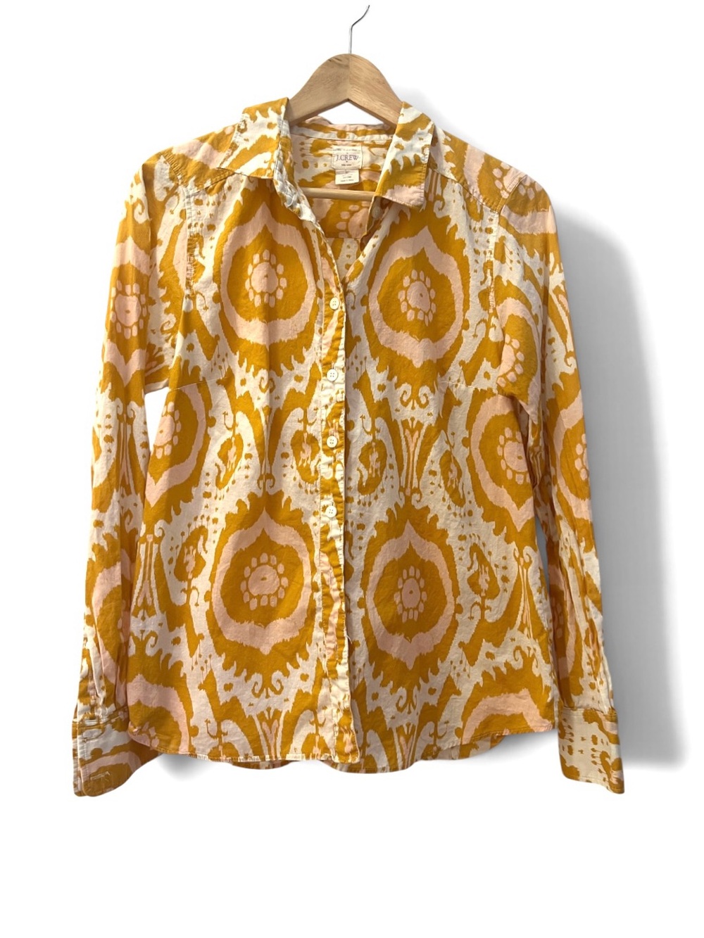 J.Crew The Perfect Shirt, Mustard Ikat Print, 100% Cotton Button- Down Size M